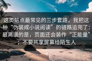 这类站点最常见的三步套路，我把这种“伪装成小说阅读”的链路追完了：最离谱的是，页面还会装作“正能量”；不要共享屏幕给陌生人