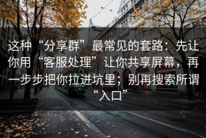 这种“分享群”最常见的套路：先让你用“客服处理”让你共享屏幕，再一步步把你拉进坑里；别再搜索所谓“入口”