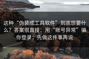 这种“伪装成工具软件”到底想要什么？答案很直接：用“账号异常”骗你登录；先做这件事再说